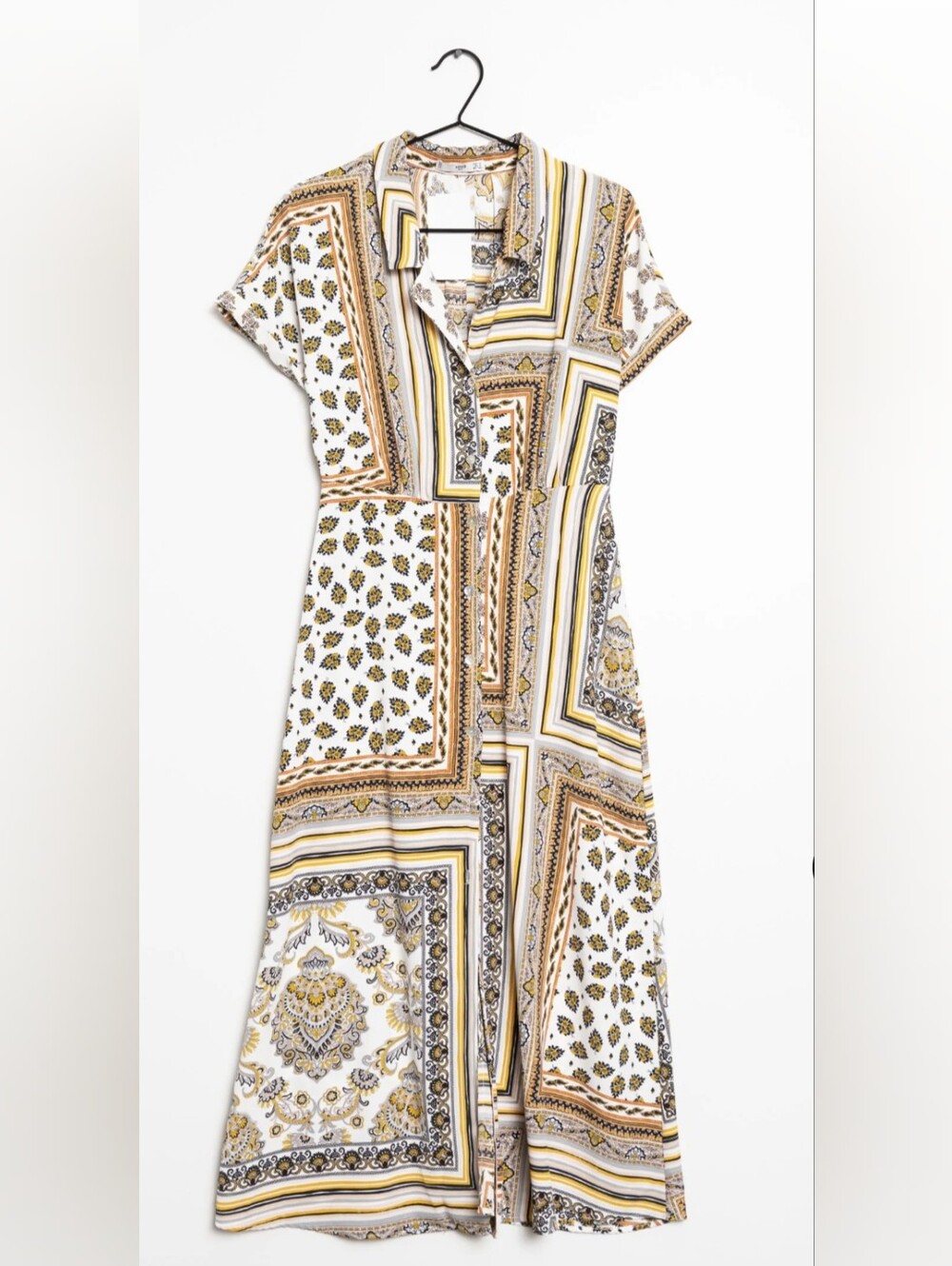 MNG Mango Patchwork Scarf Pattern Maxi Shirt Dress 2 XS Golden Yellow